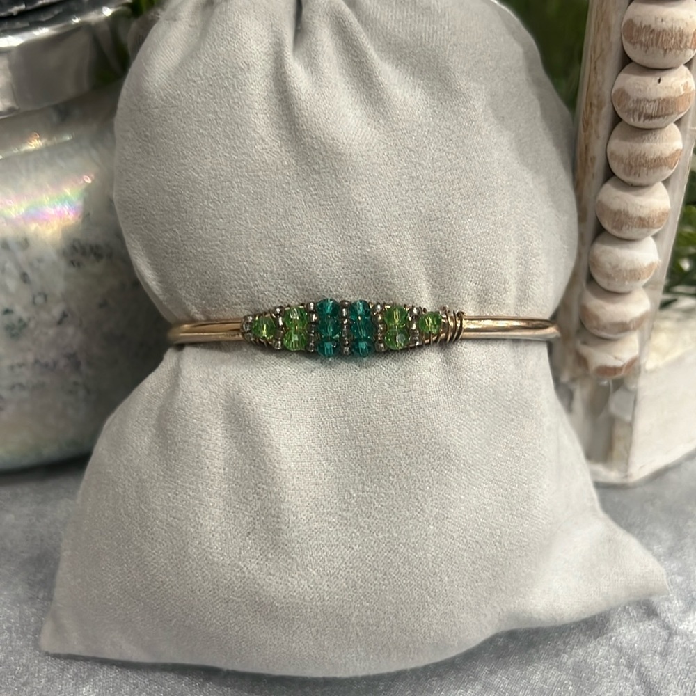 Anthropologie Tonal Green Crystal and Gold Open Cuff Bracelet